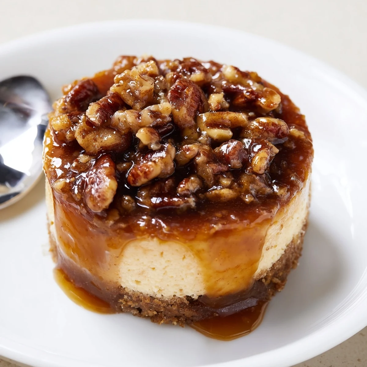 Holiday-ready Mini Pecan Pie Cheesecakes served on linen, garnished with whipped cream.