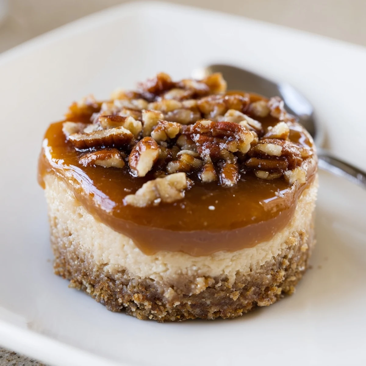 Creamy Mini Pecan Pie Cheesecakes with crunchy pecan topping and caramel drizzle.