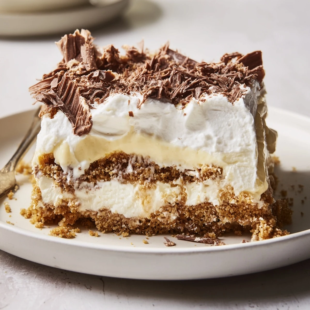 Chilled No Bake Layered Dessert topped with chocolate shavings, fluffy whipped cream