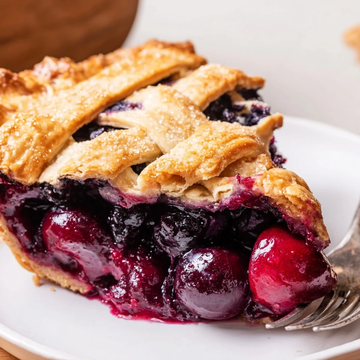Slice of Cherry And Blueberry Pie topped with melting vanilla ice cream