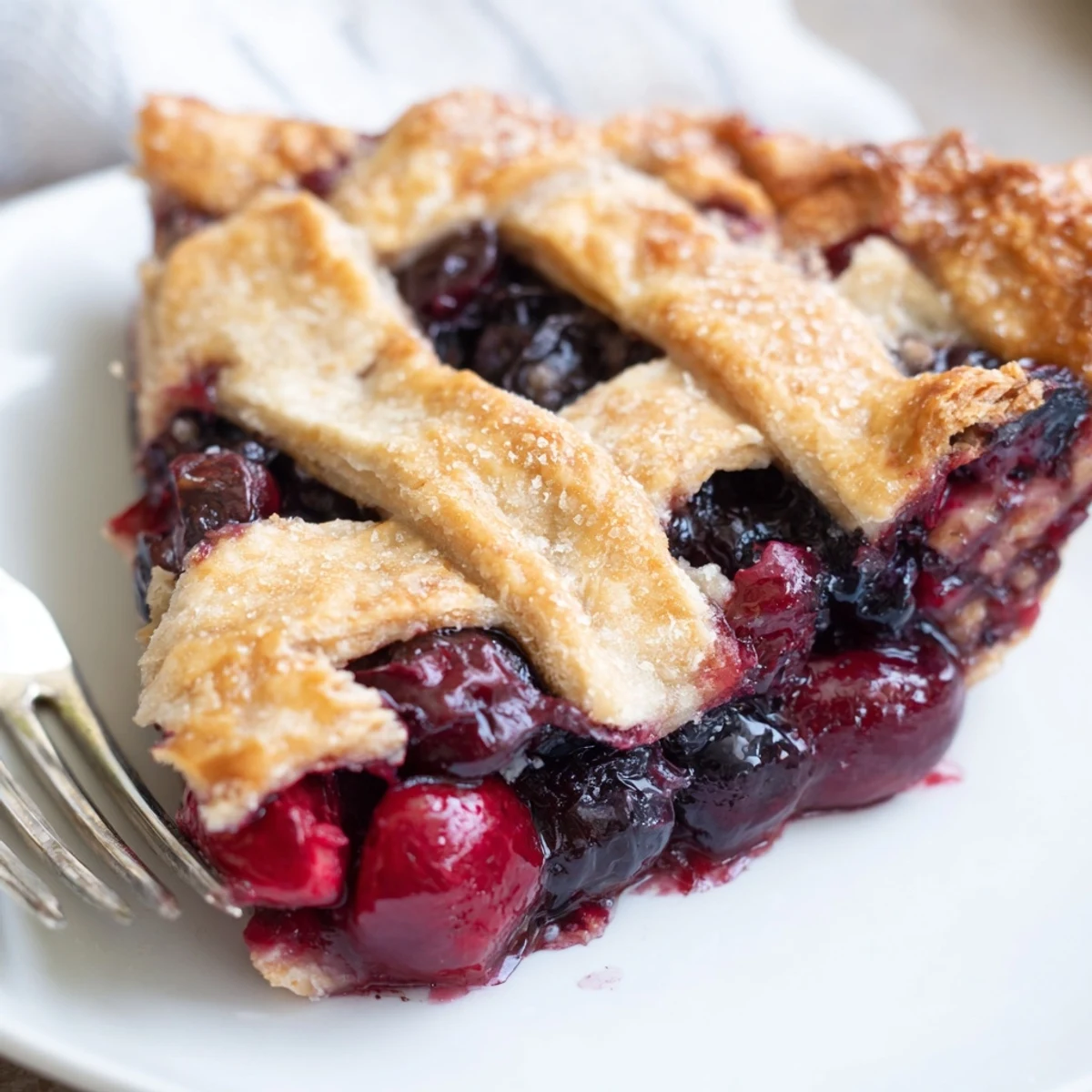Warm Cherry And Blueberry Pie with bubbling fruit and golden crust