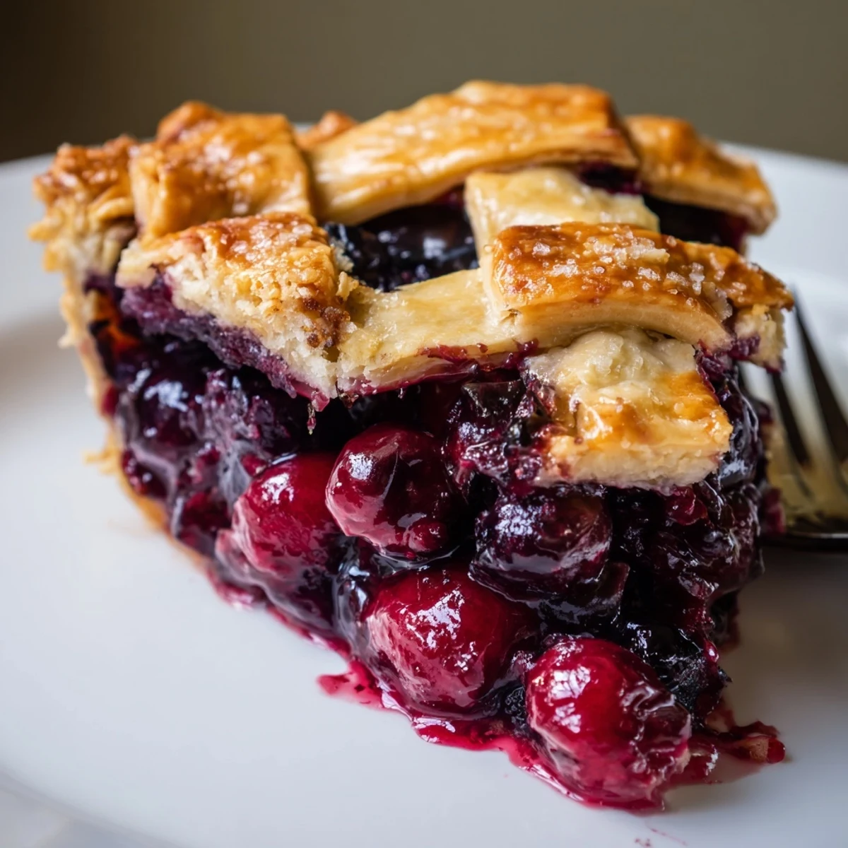 Homemade Cherry And Blueberry Pie resting on cooling rack, flaky edges