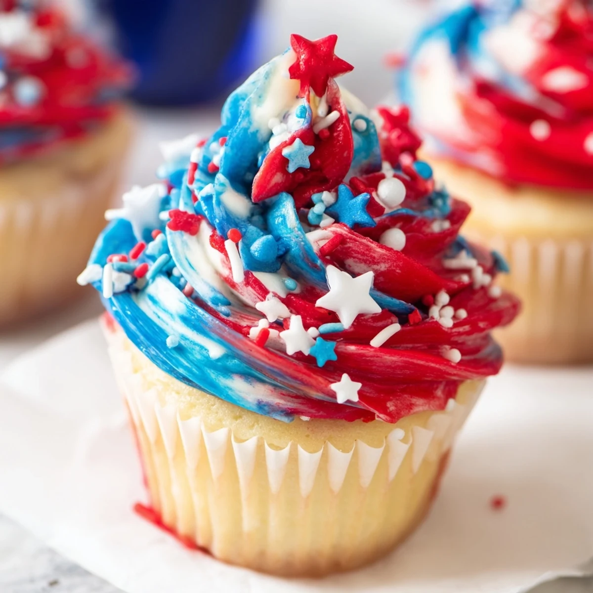 Patriotic Firework Cupcakes with tall red, white, blue buttercream swirls  