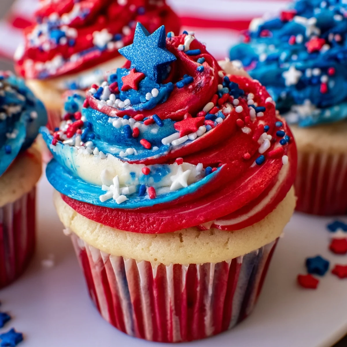 Close-up of Patriotic Firework Cupcakes topped with crunchy star sprinkles  