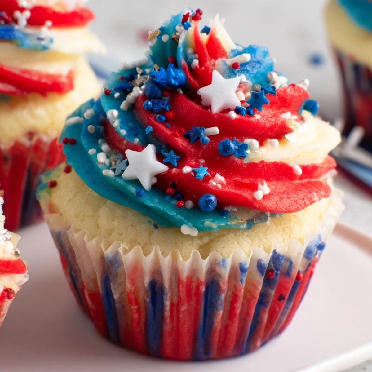 Plated Patriotic Firework Cupcakes beside sparkling lemonade, inviting holiday celebration