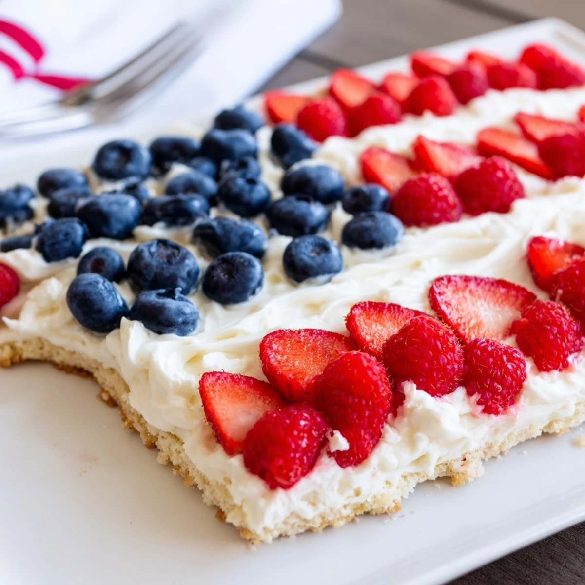 Sugar Cookie Flag Fruit Pizza with glossy blueberries and sliced strawberries, chilled.