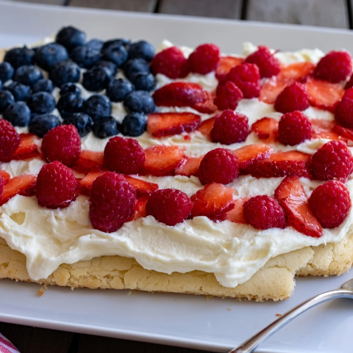 Serve Sugar Cookie Flag Fruit Pizza family style at picnics, sweet tangy creaminess.
