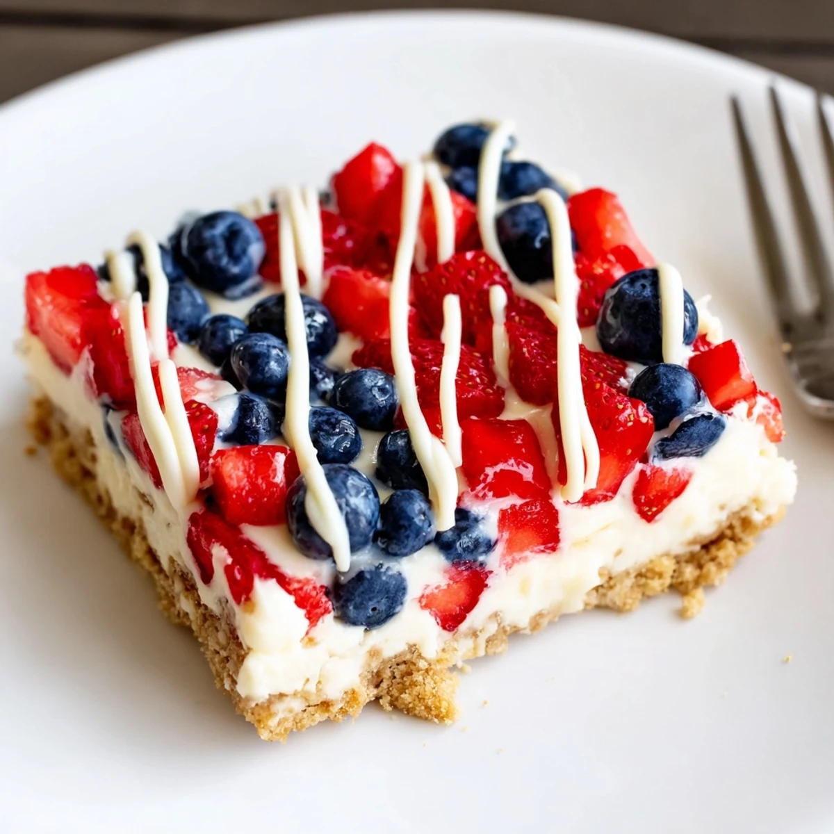 Slice of Patriotic Cheesecake Bars chilled, creamy filling and fresh berries.