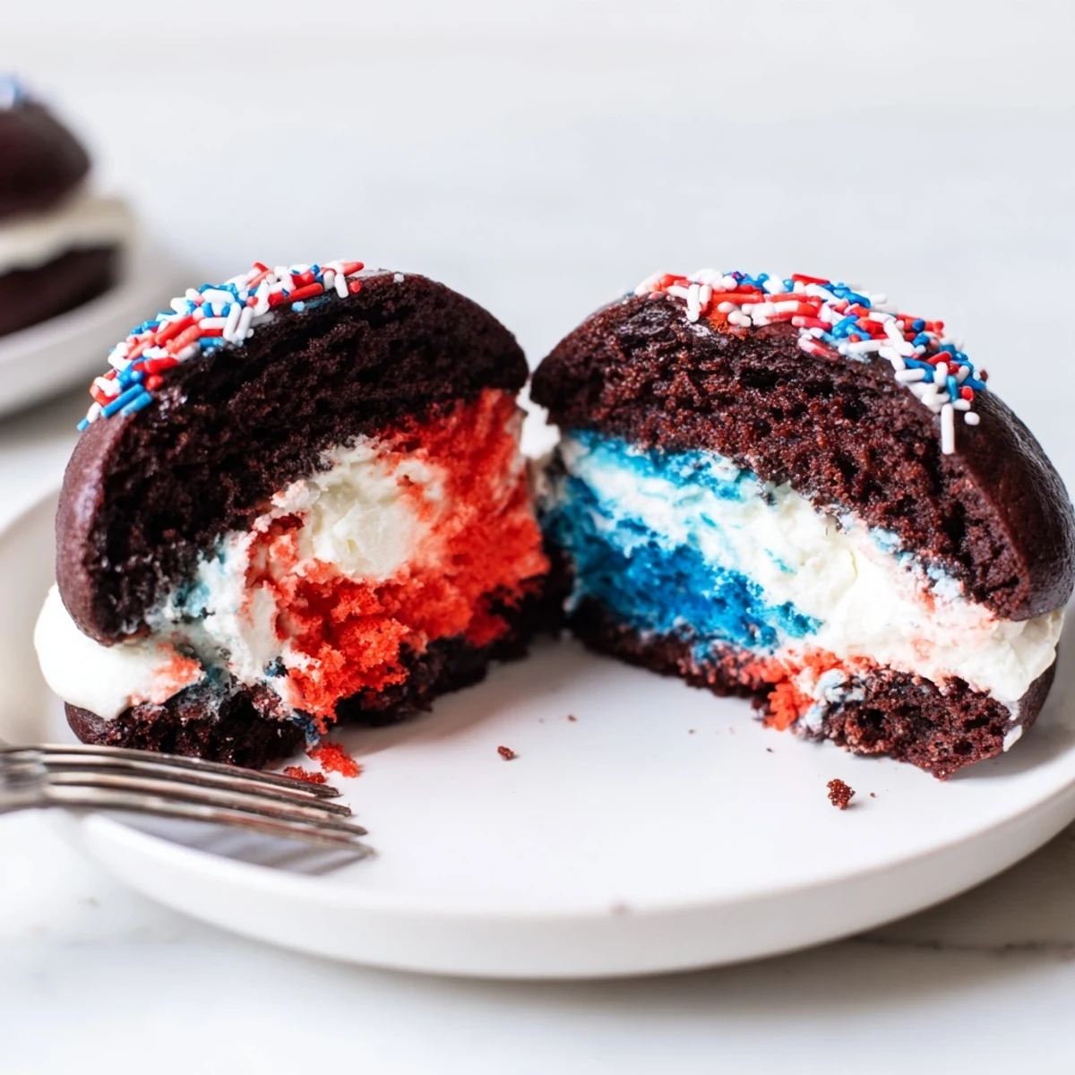 Patriotic Whoopie Pies Dessert For July Memorial Day, soft cocoa cakes with marshmallow filling