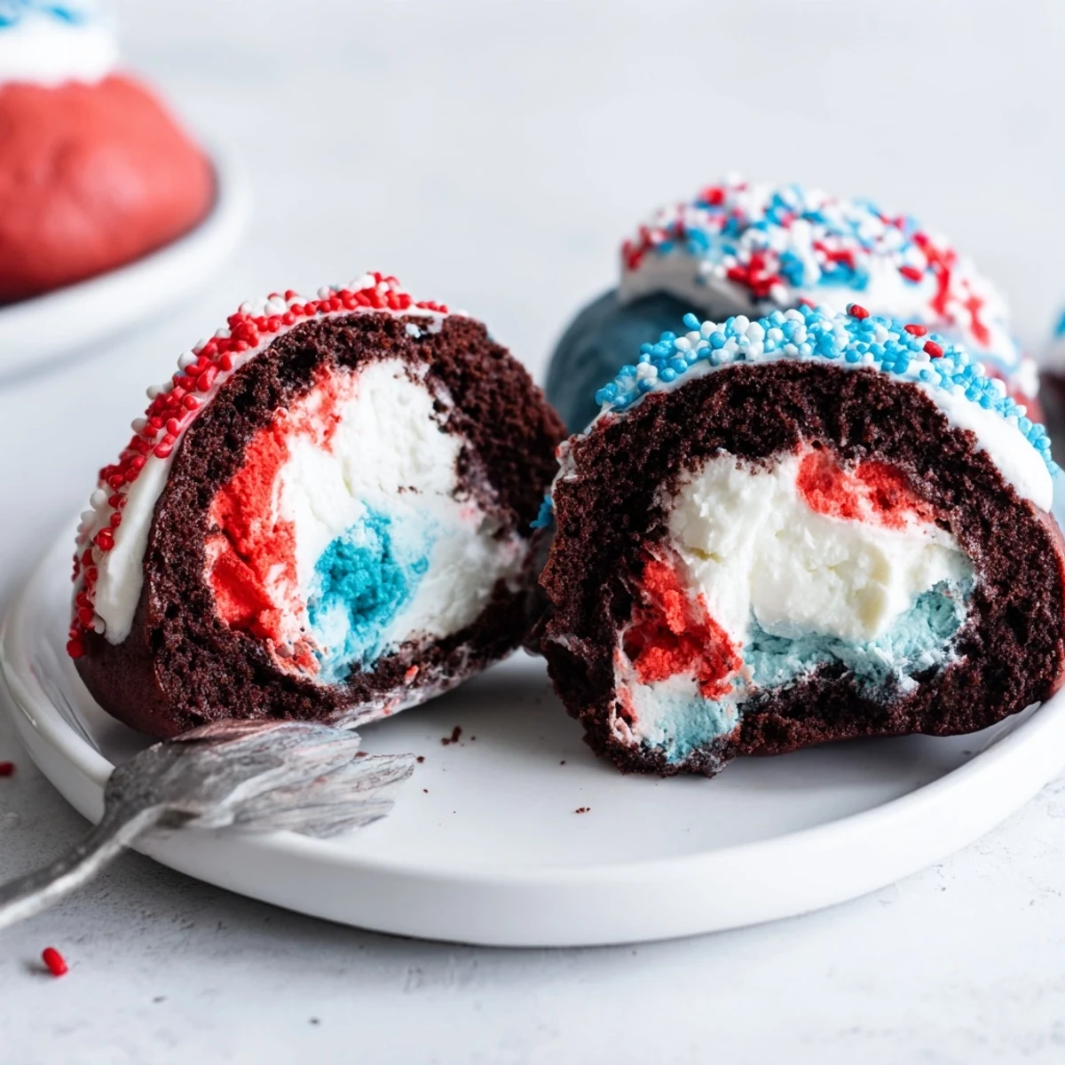 Stacked Patriotic Whoopie Pies Dessert For July Memorial Day, red white blue sprinkles