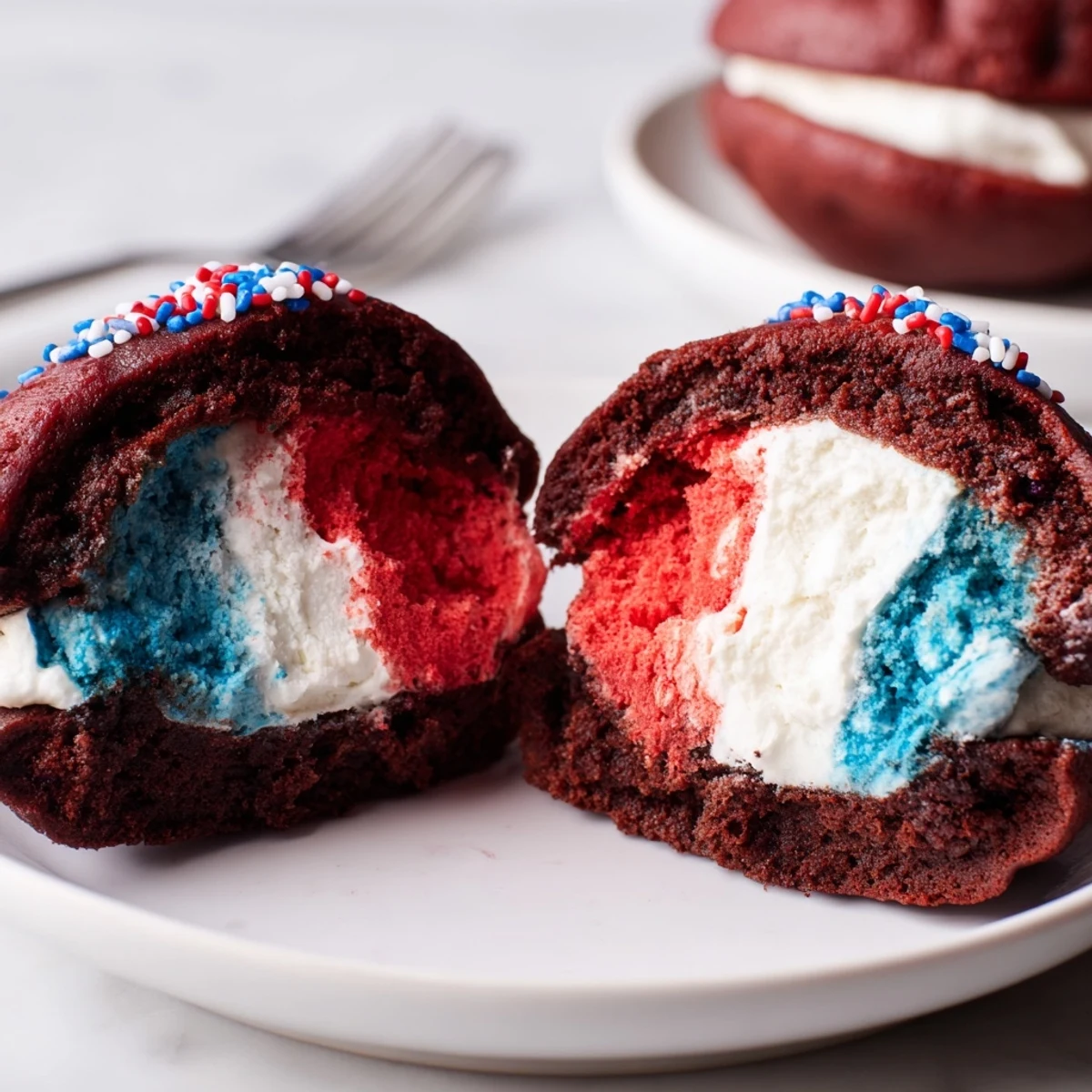 Serving Patriotic Whoopie Pies Dessert For July Memorial Day at backyard picnic, chilled