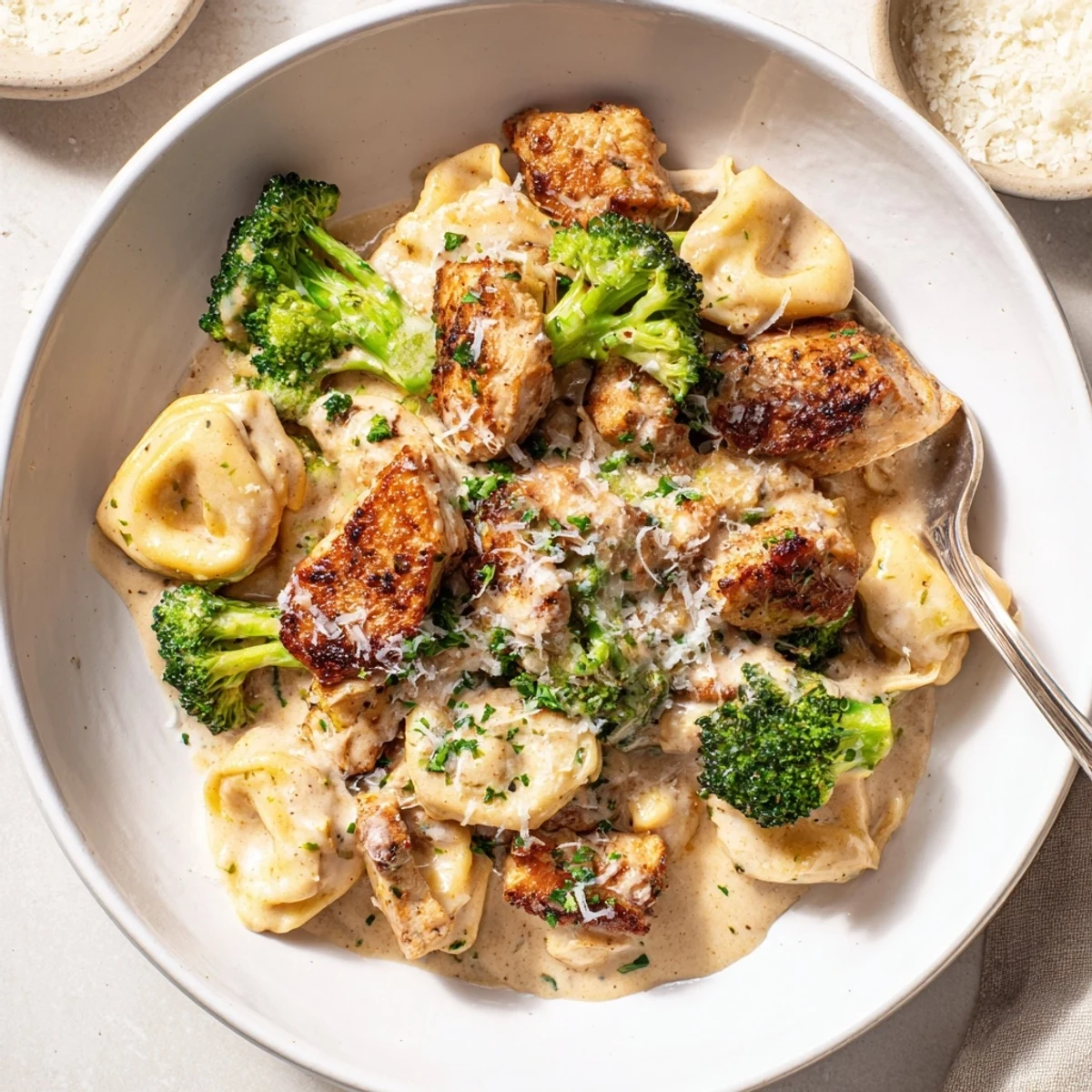 Creamy Garlic Parmesan Tortellini Chicken Broccoli Recipe steaming, garnished with parsley and cracked pepper.