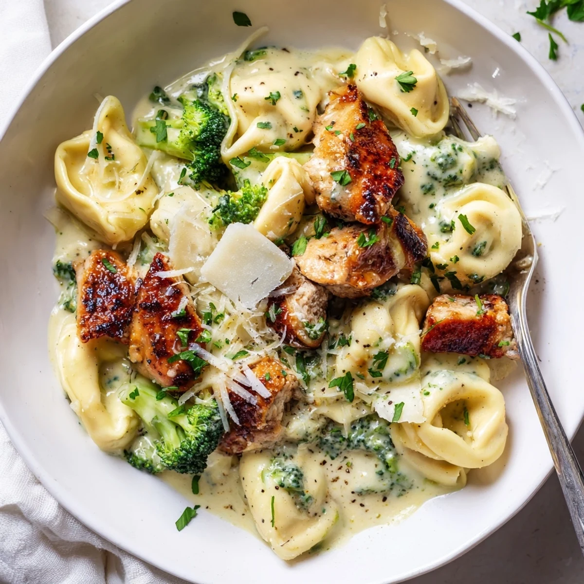 Skillet steaming with garlic cream, tender chicken—Creamy Garlic Parmesan Tortellini Chicken Broccoli Recipe.