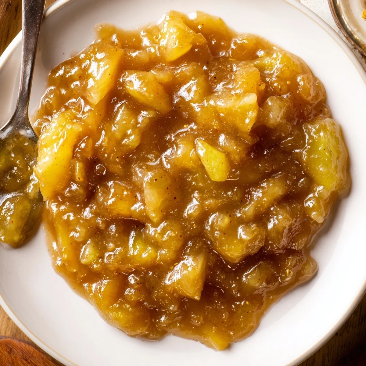 Glass jar of Fall Caramel Apple Jam glistening, chunky apples and warm spices