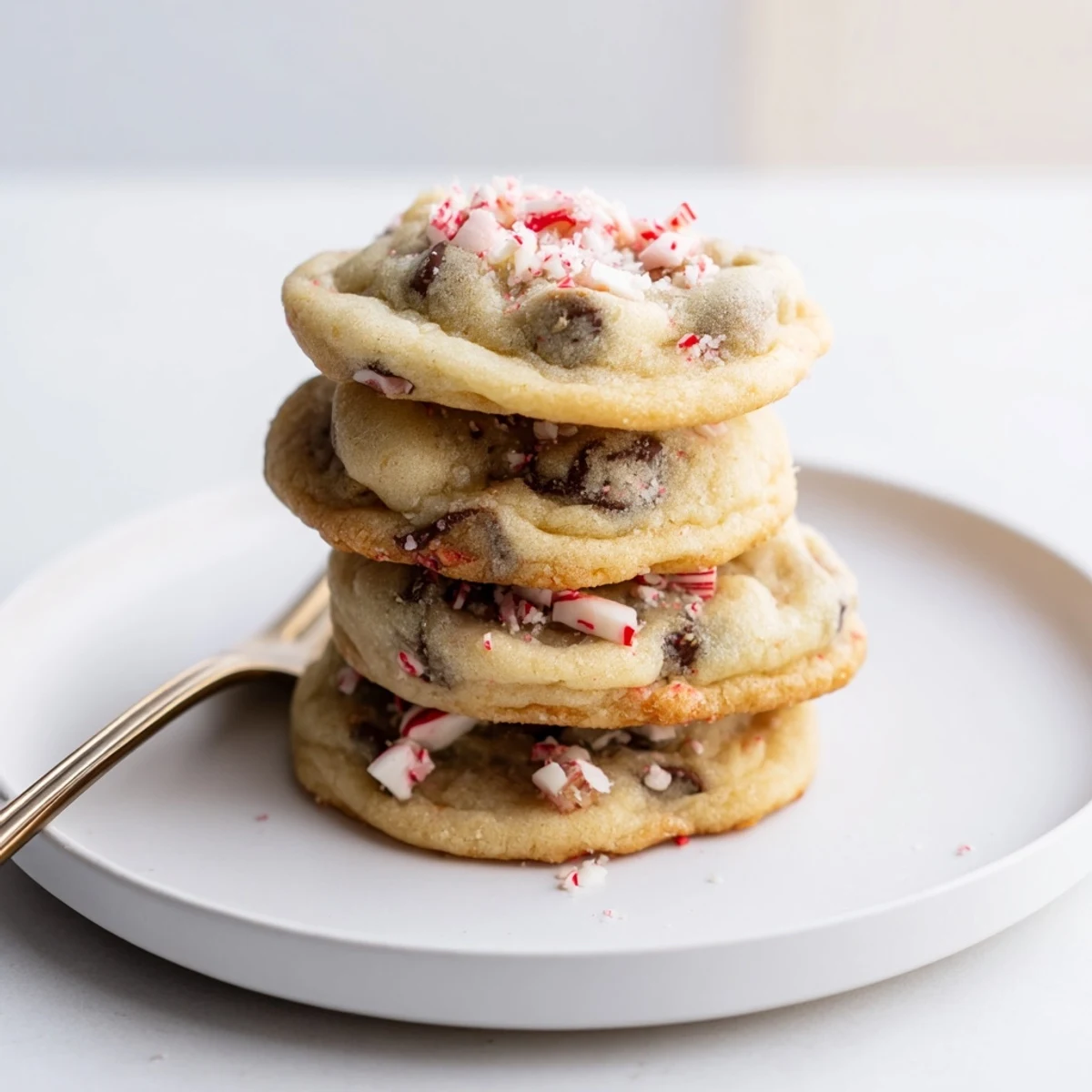 Peppermint Chocolate Chip Cookies cooling on a rack, glossy chips and crushed peppermint  