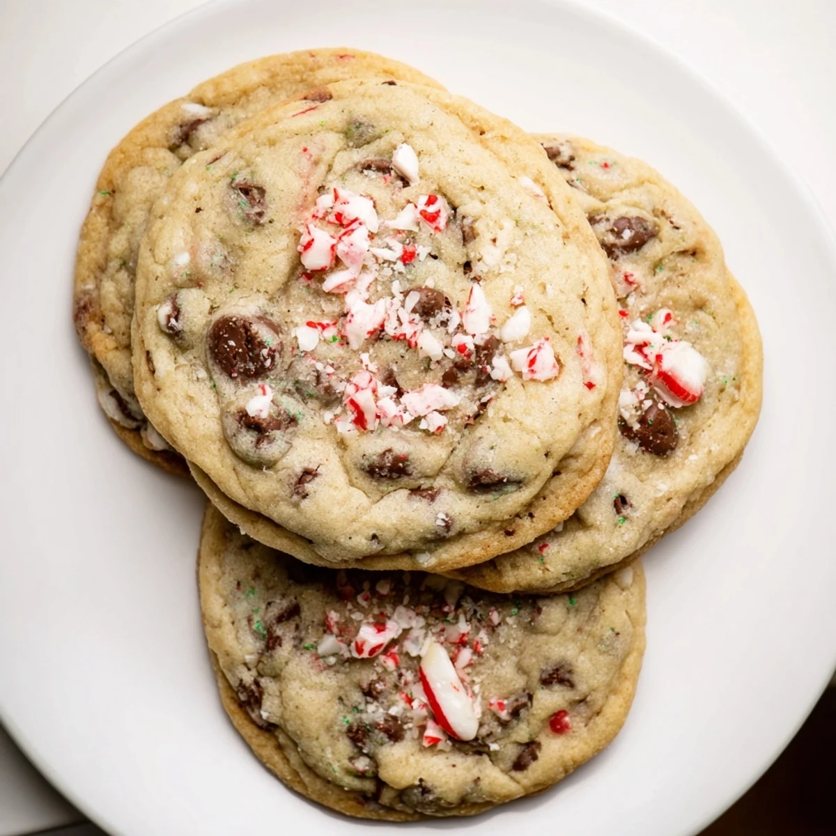 Warm Peppermint Chocolate Chip Cookies speckled with candy cane, served with milk  