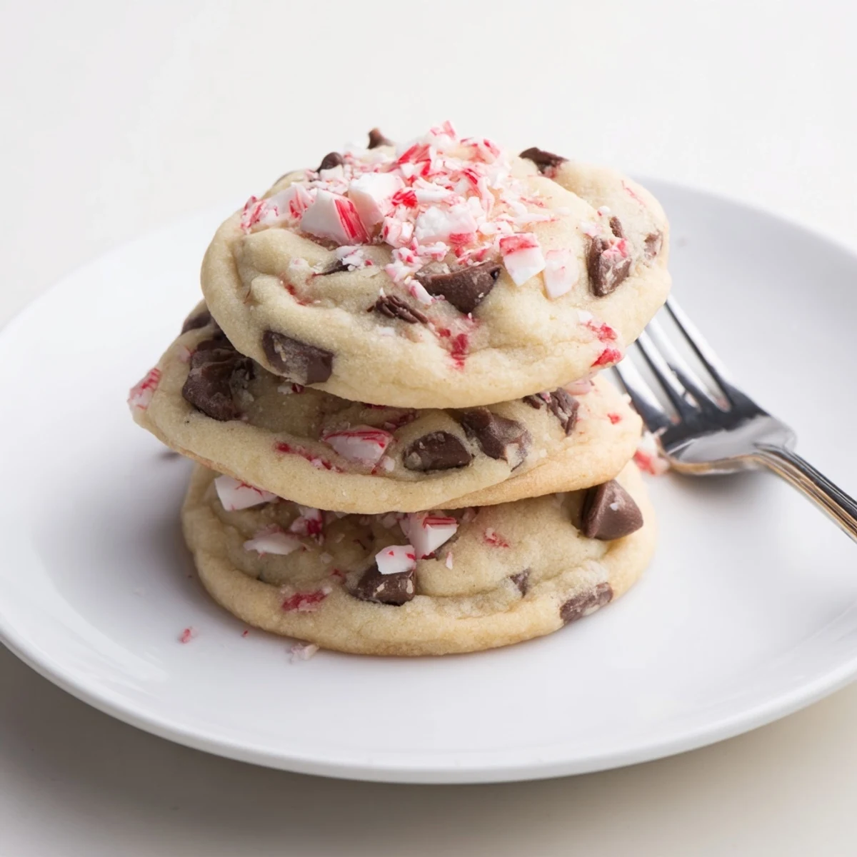 Stack of Peppermint Chocolate Chip Cookies, chewy centers, bright peppermint crunch