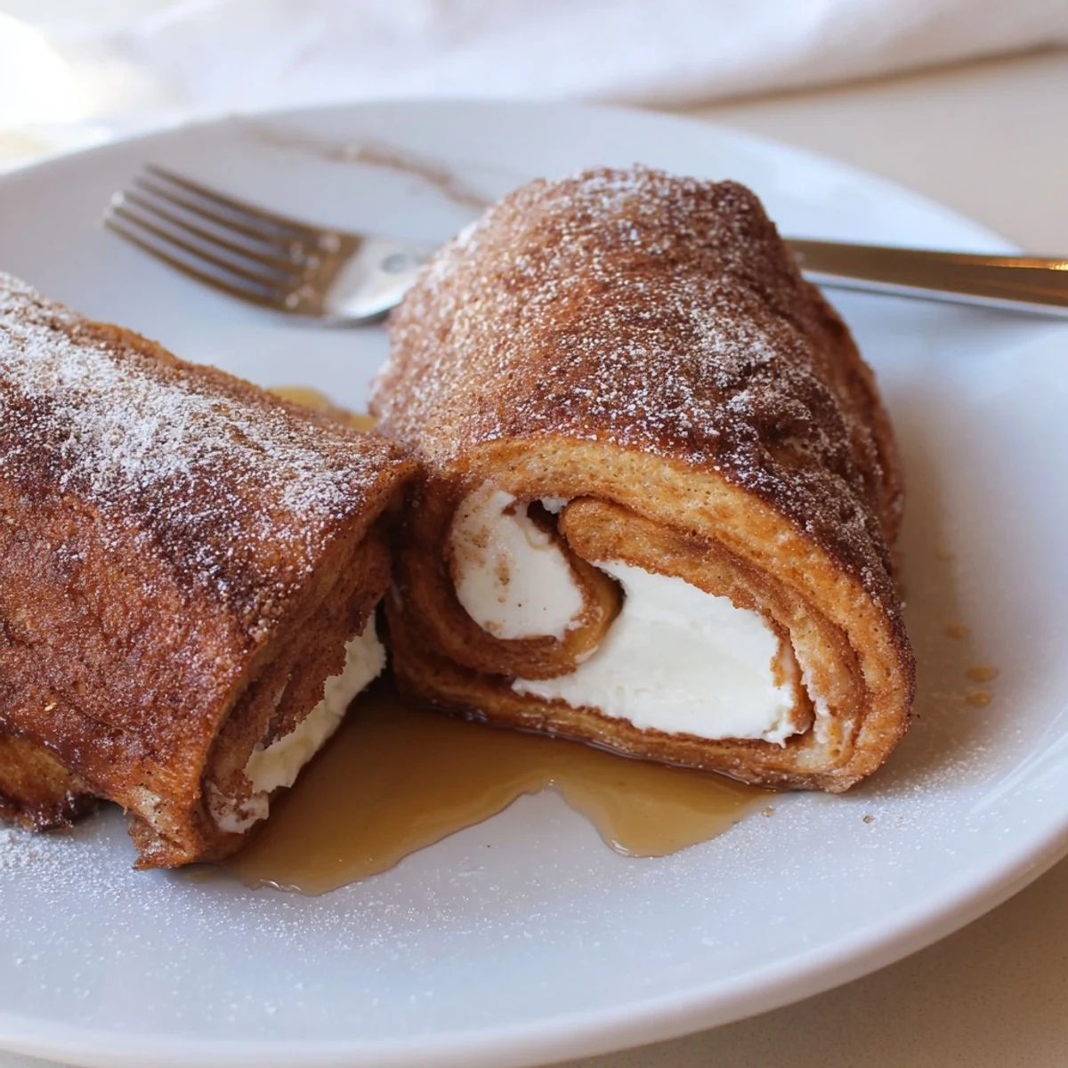 Maple-drizzled Cinnamon Roll French Toast Roll Ups on a rustic brunch plate