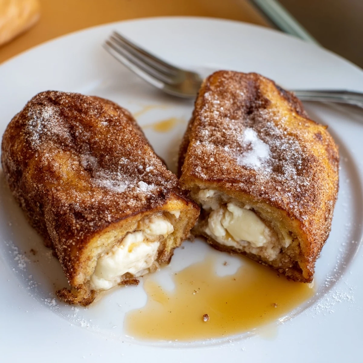 Buttery skillet-seared Cinnamon Roll French Toast Roll Ups, cream cheese oozing