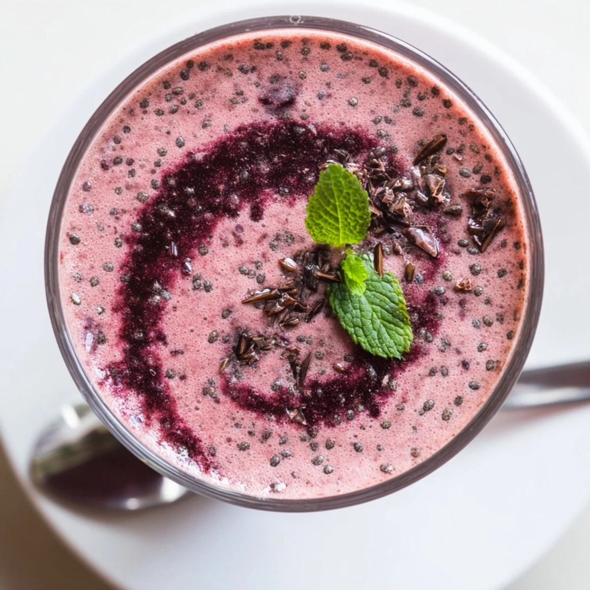 Chocolate Beet Smoothie poured into glass, velvety texture, earthy-sweet, mint garnish