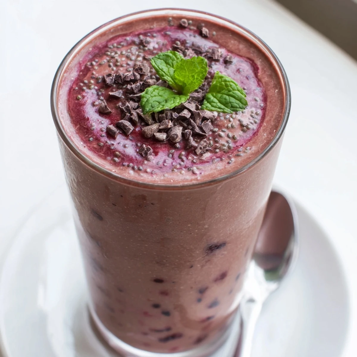 Creamy Chocolate Beet Smoothie with banana and cocoa, topped with cacao nibs
