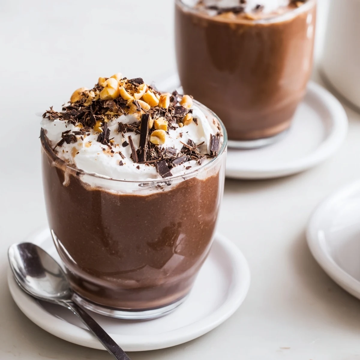 Creamy Chocolate Peanut Butter Smoothie topped with whipped cream and chocolate shavings