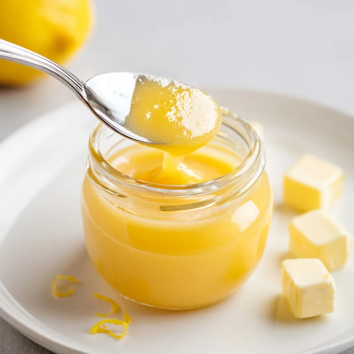 Small ramekin of Lemon Curd Recipe, spooned warm and tangy over scones