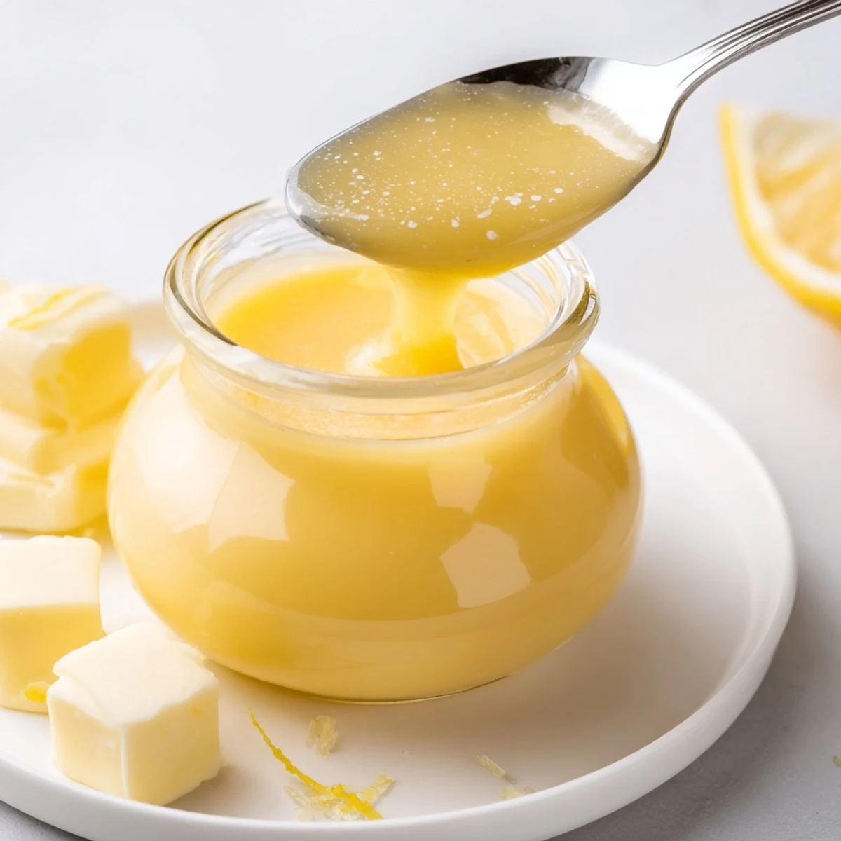 Lemon Curd Recipe in glass jar, glossy golden curd, bright citrus aroma