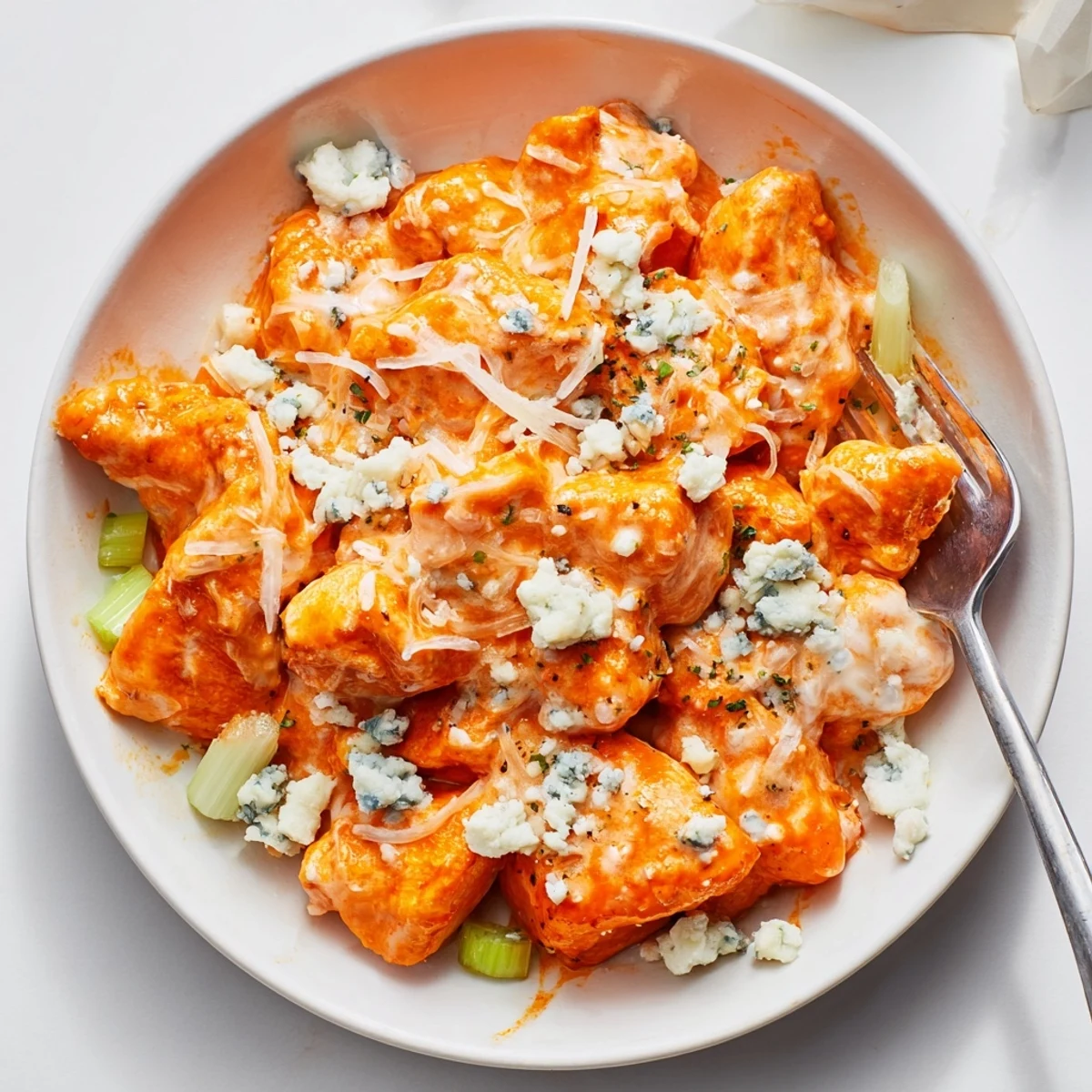 Creamy Keto Buffalo Chicken Skillet topped with crumbled blue cheese and parsley.