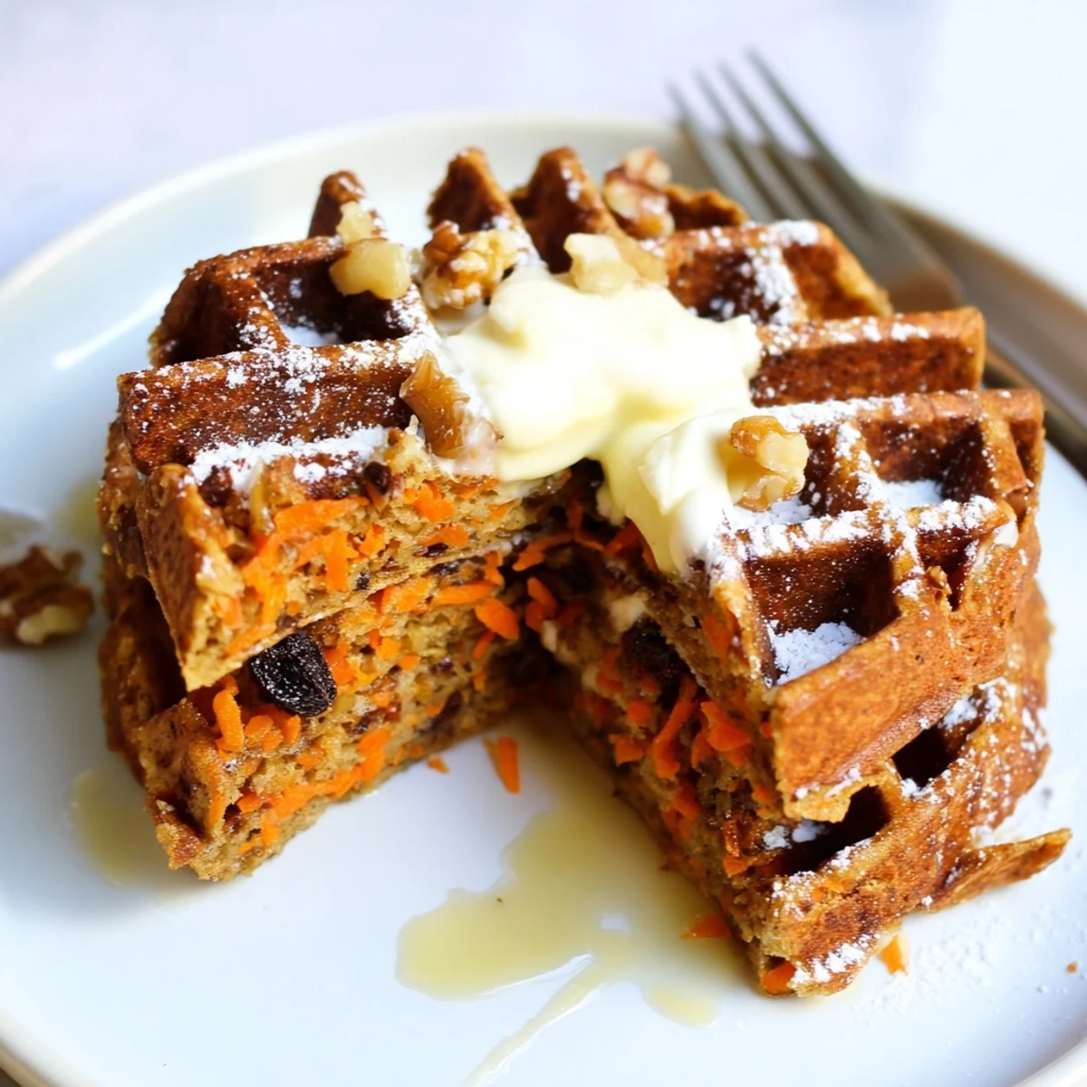 Carrot Cake Waffles stacked, golden crisp edges, warm cinnamon aroma, cream cheese glaze