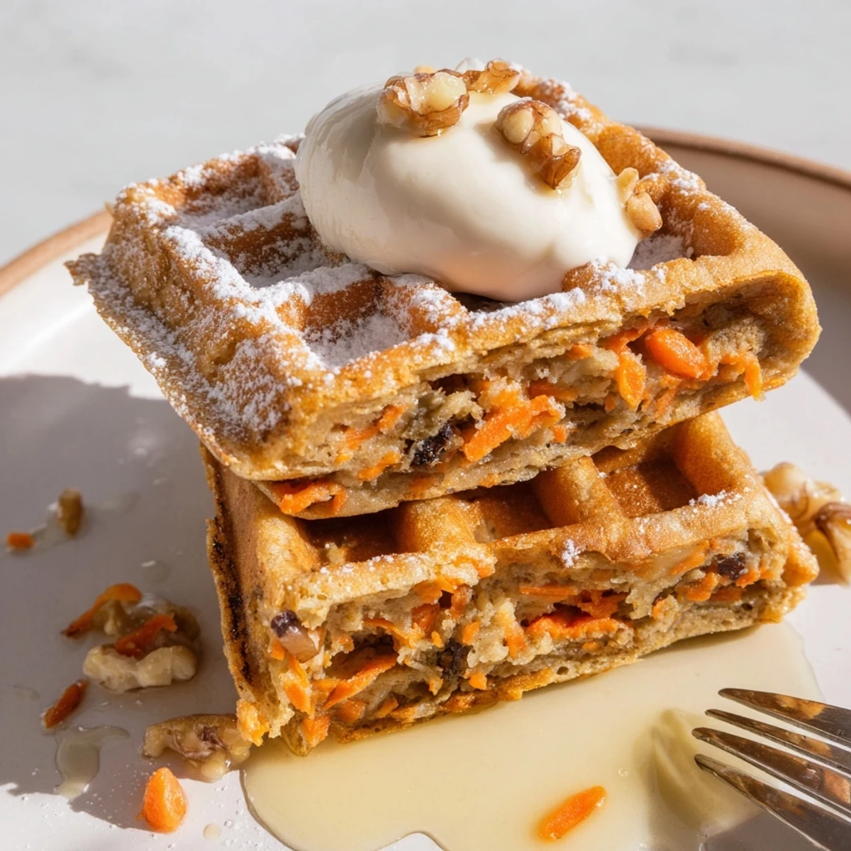 Homestyle Carrot Cake Waffles with grated carrots, nutty crunch, maple syrup drizzle
