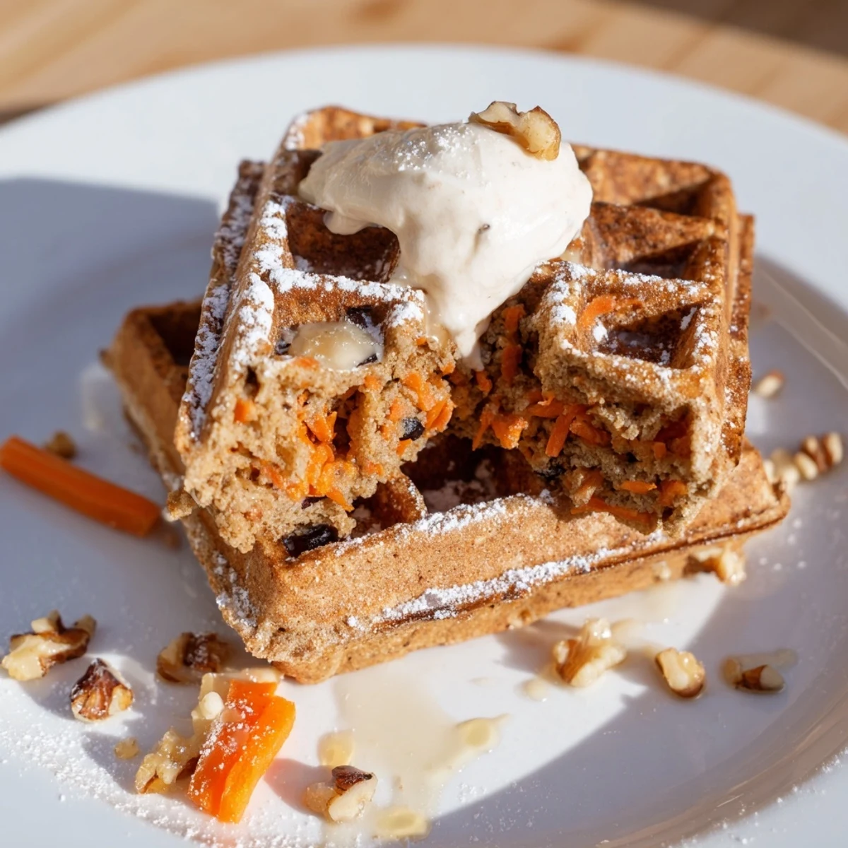 Freshly made Carrot Cake Waffles on a plate, soft interior, spiced fragrance