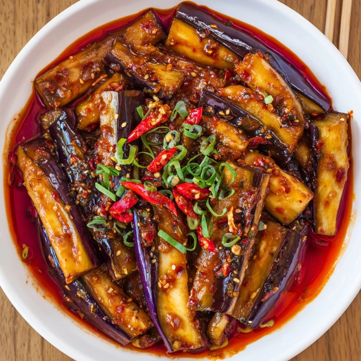 Sichuan Style Braised Aubergines glistening in spicy red sauce, garnished with scallions