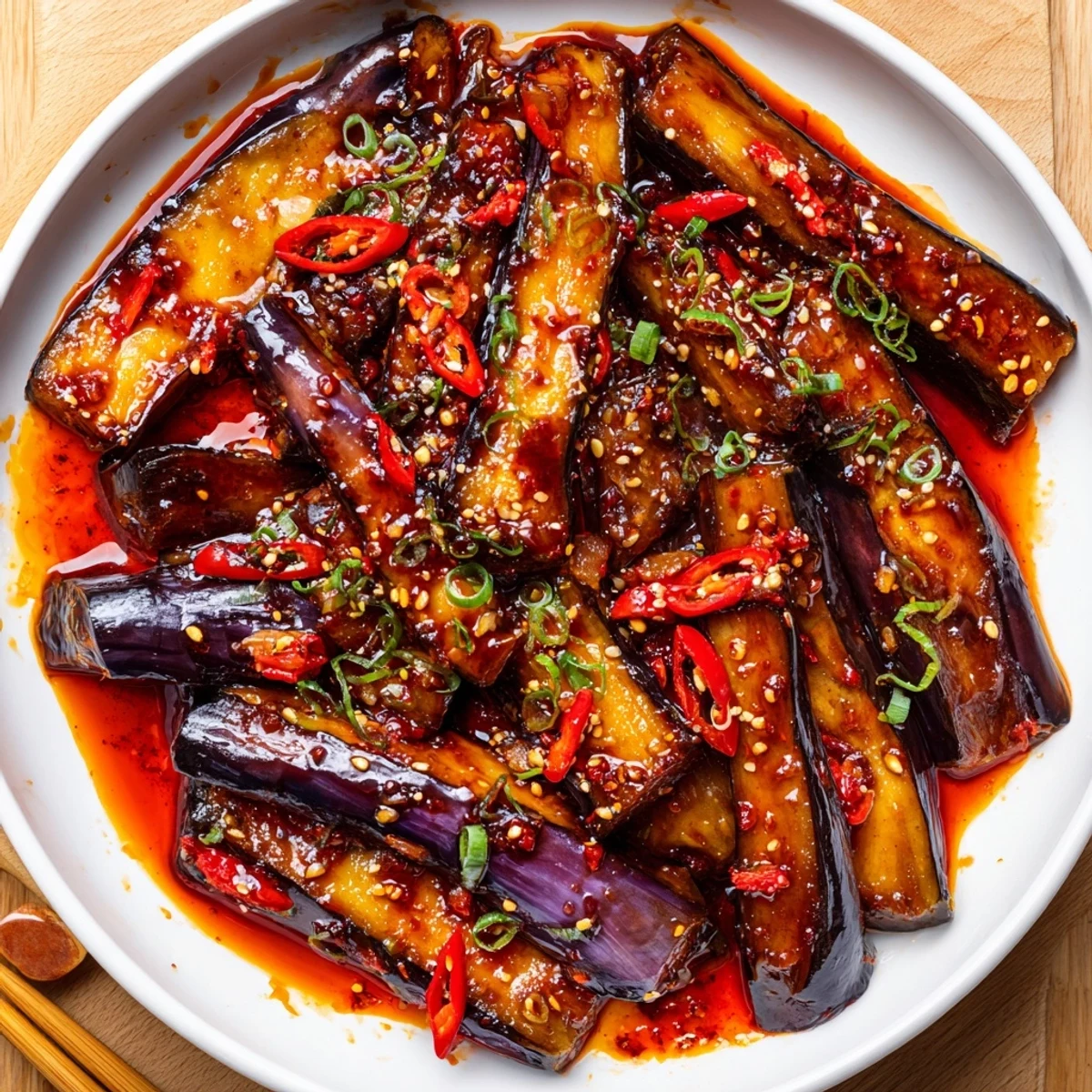 Warm Sichuan Style Braised Aubergines served over steamed jasmine rice, aromatic and tender