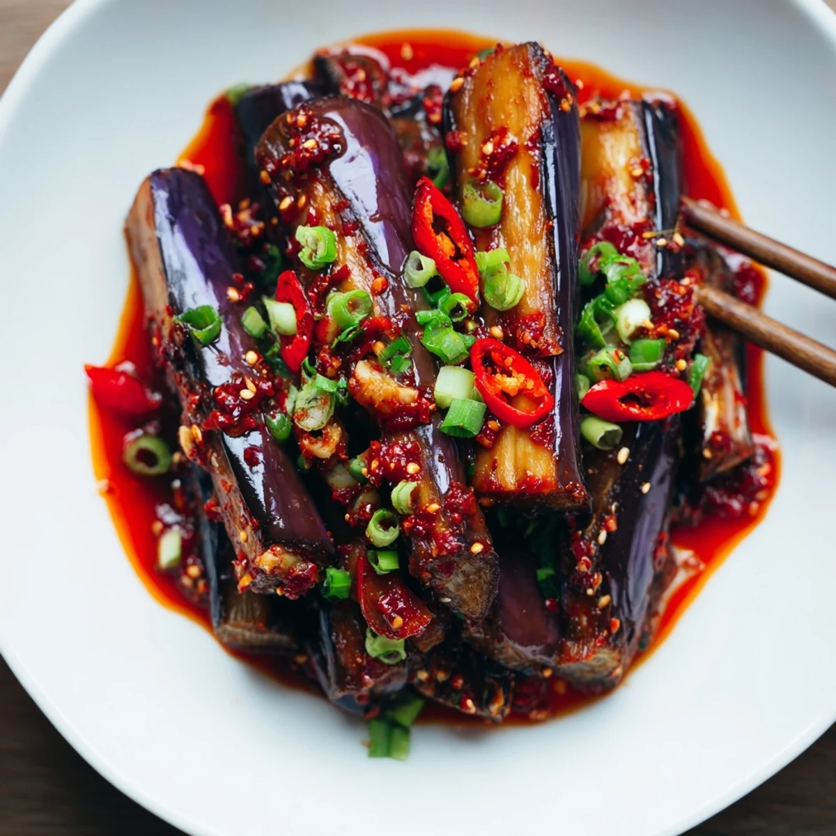 Pan-fried Sichuan Style Braised Aubergines coated in glossy doubanjiang sauce, fragrant garlic