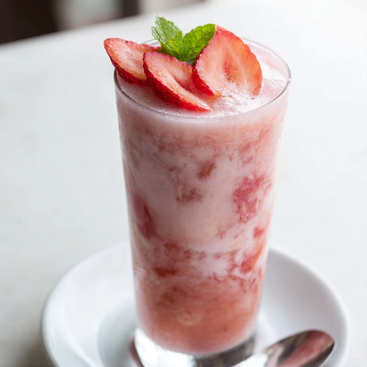 Strawberry Coconut Cooler in chilled glasses, frothy pink drink garnished with mint