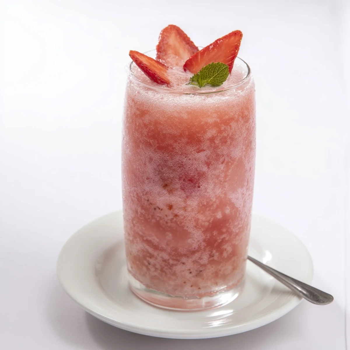 Frothy Strawberry Coconut Cooler recipe blended with coconut milk, ice, fresh strawberries