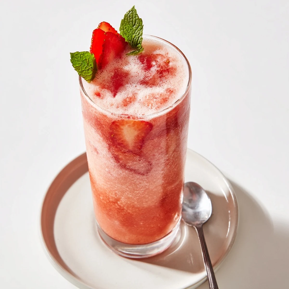 Iced Strawberry Coconut Cooler served in tall glasses, bright lime and mint