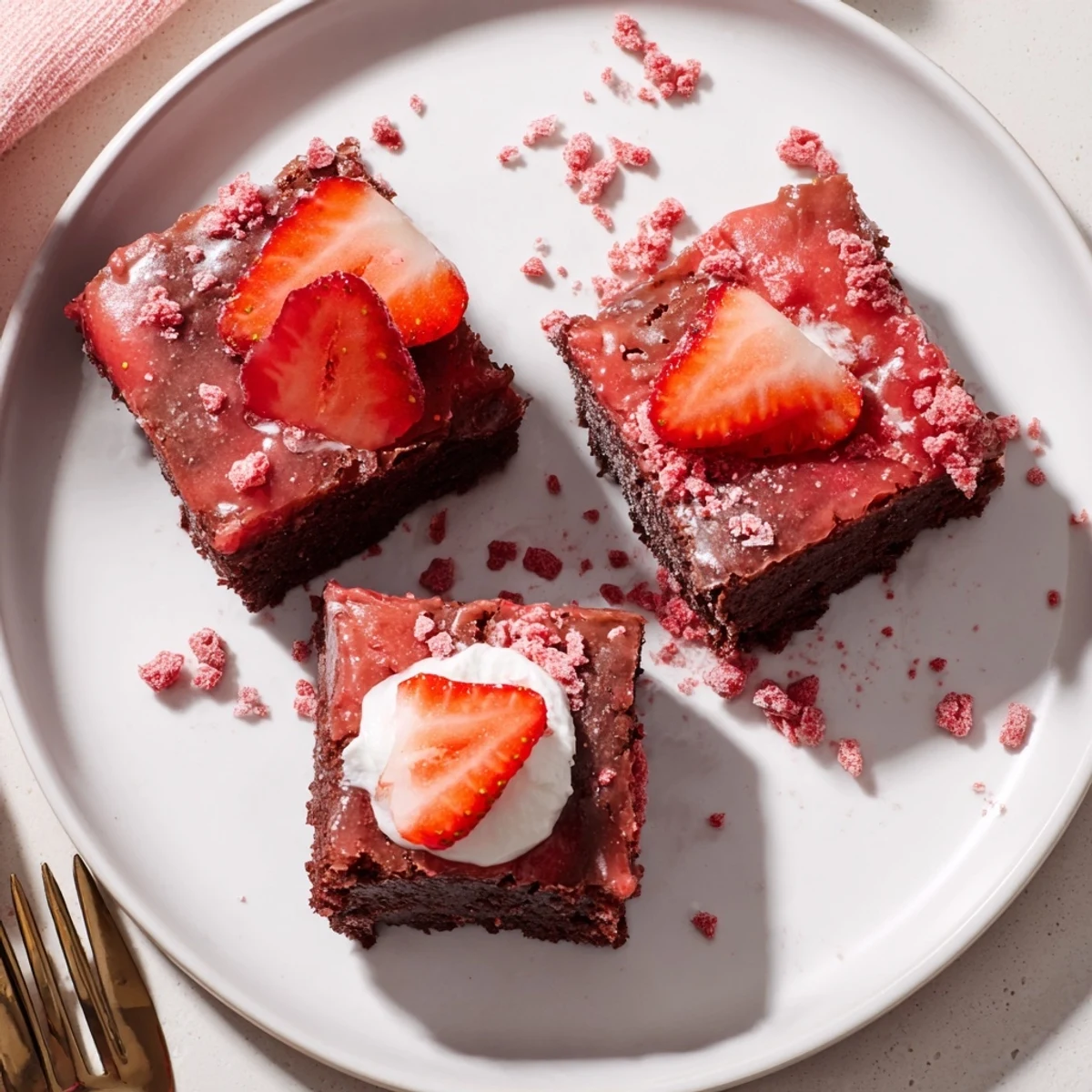 Strawberry Brownies Recipe: fudgy squares glazed with pink strawberry icing, served.