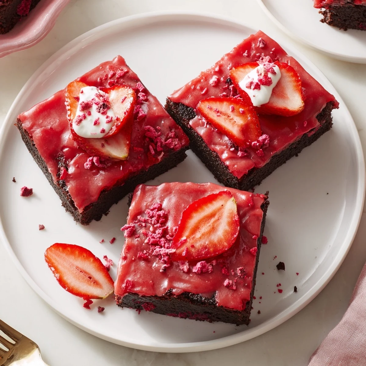 A warm Strawberry Brownies Recipe cooling in pan, aroma of fresh berries.