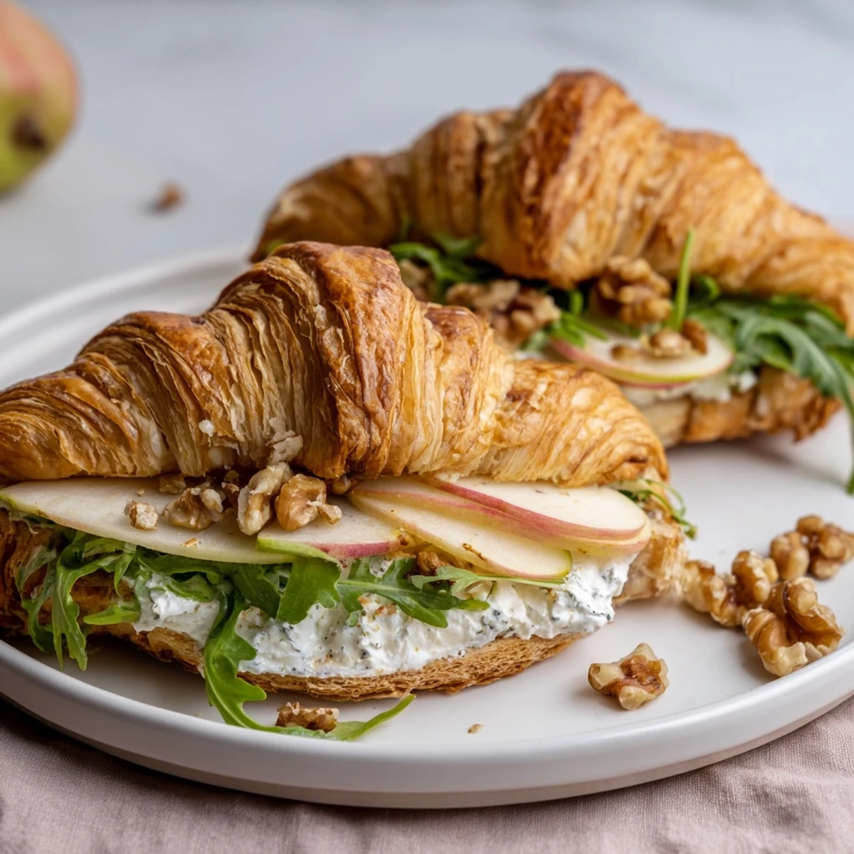 Apple Goat Cheese Croissant Sandwich layered with thin apple slices and peppery arugula