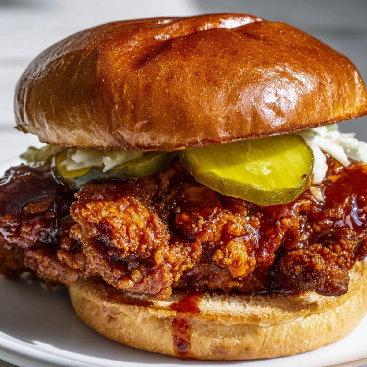 Spicy Nashville Hot Chicken Sandwiches piled on toasted brioche, crunchy pickles, creamy slaw