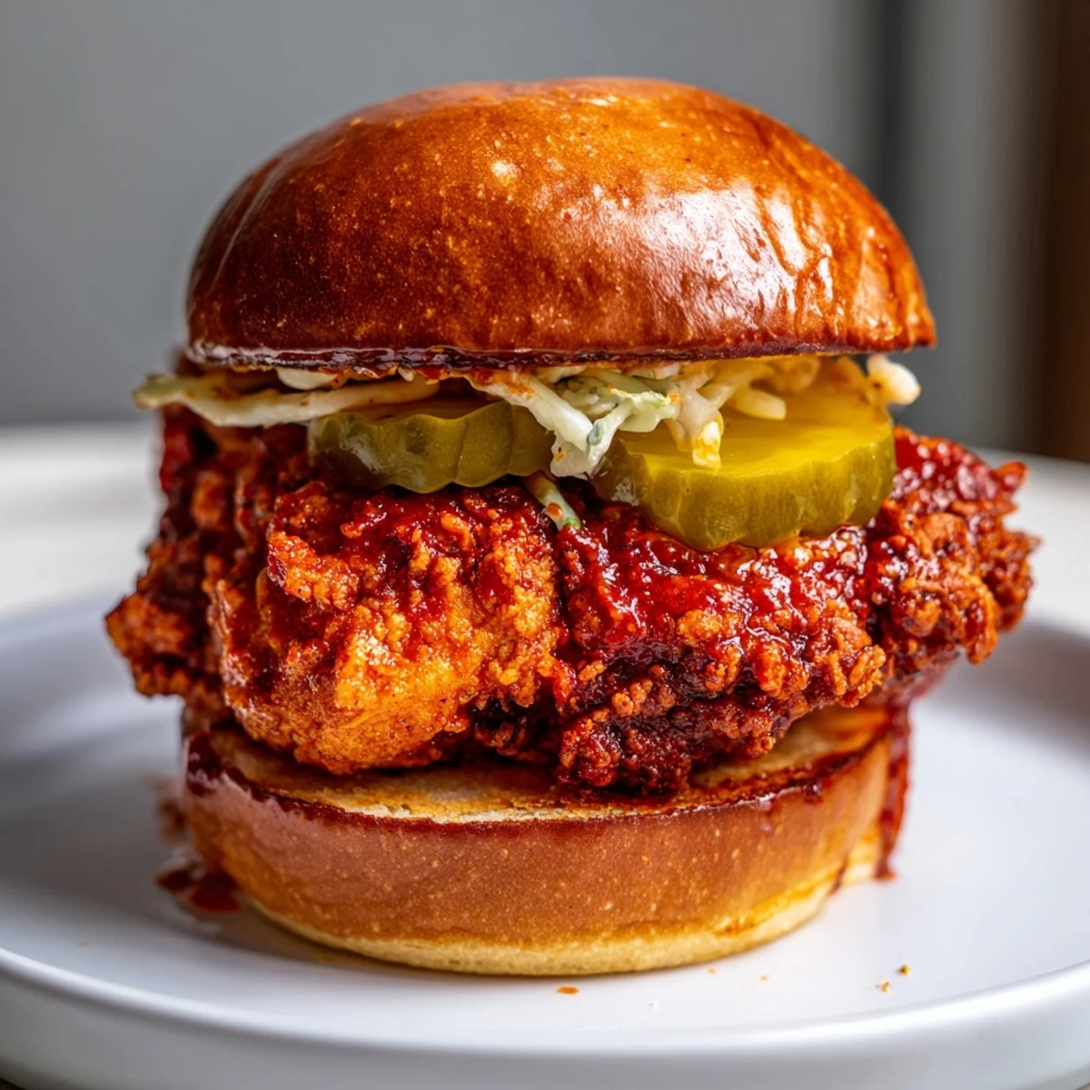 Homemade Spicy Nashville Hot Chicken Sandwiches resting on wire rack, glistening with sauce