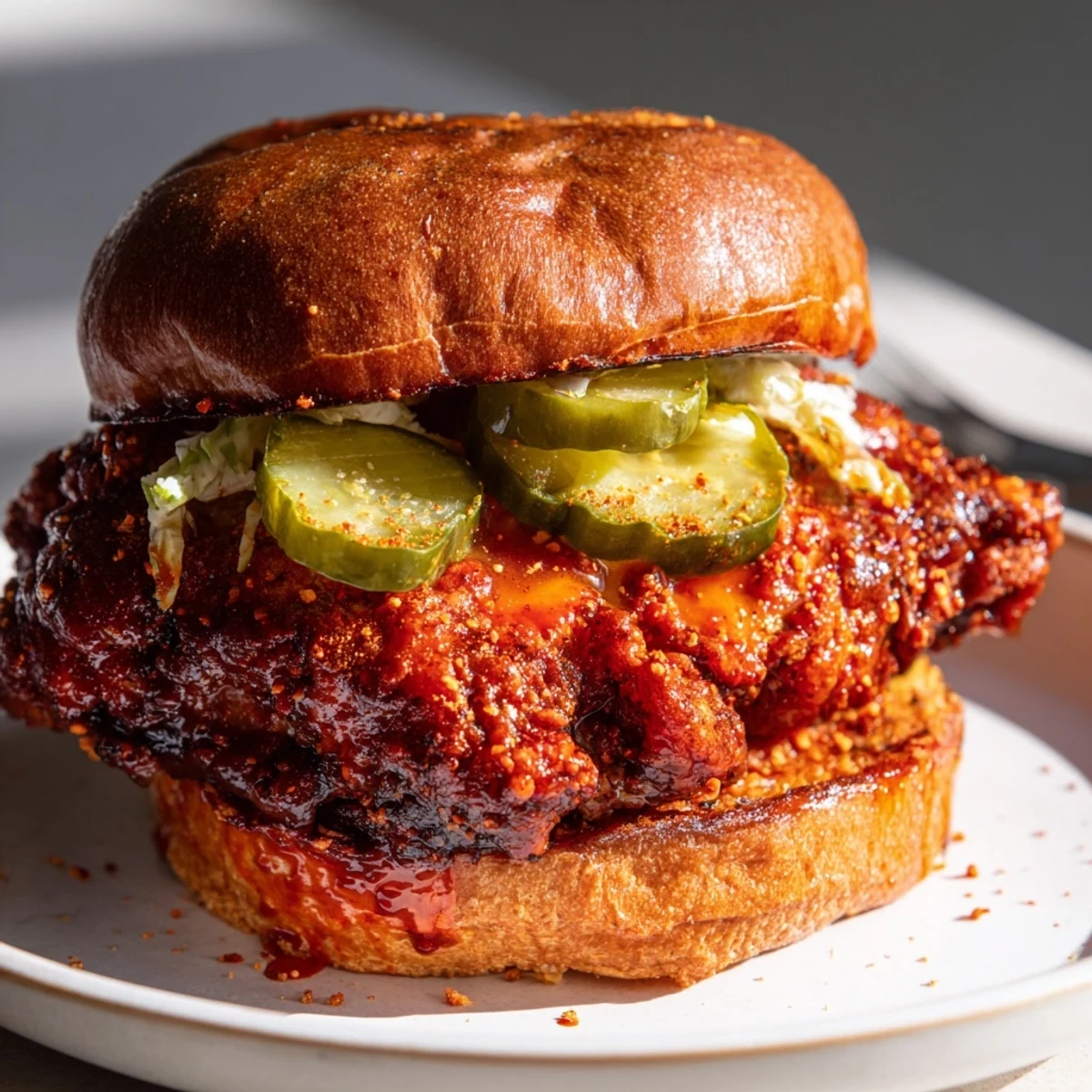 Crispy, saucy Spicy Nashville Hot Chicken Sandwiches served with cold sweet iced tea