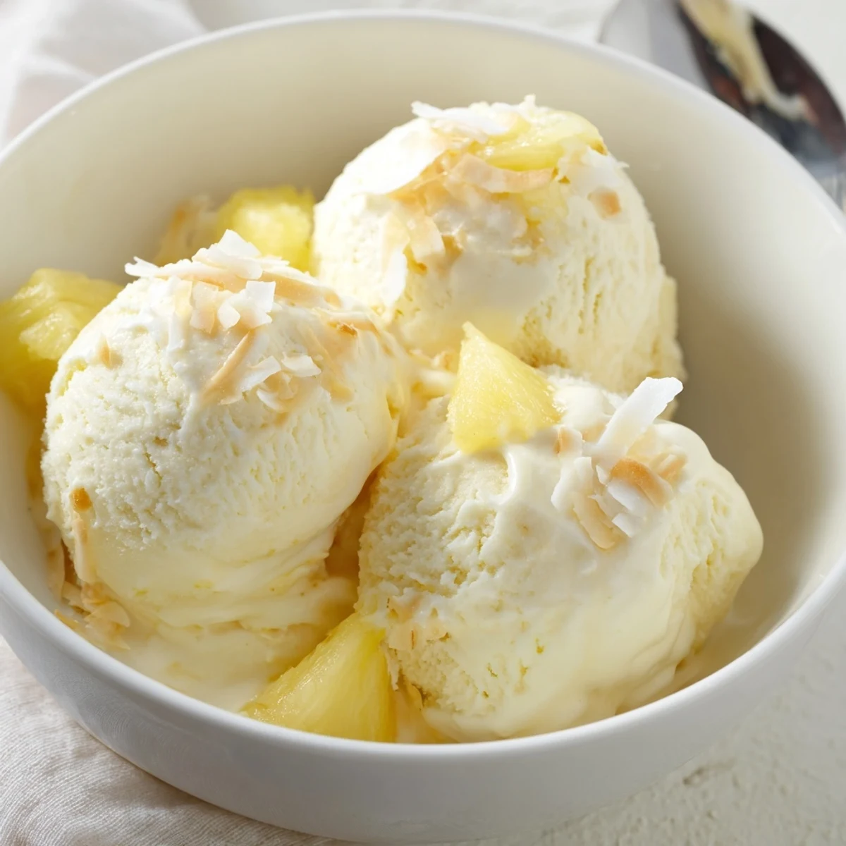 Creamy Pineapple Ice Cream scoops glistening, tropical sweetness with silky texture