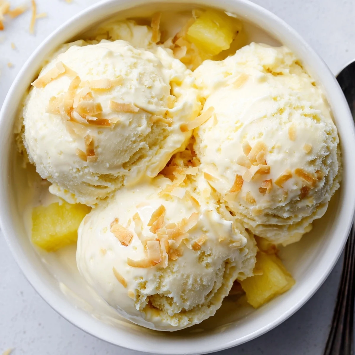 A bowl of Creamy Pineapple Ice Cream topped with toasted coconut flakes