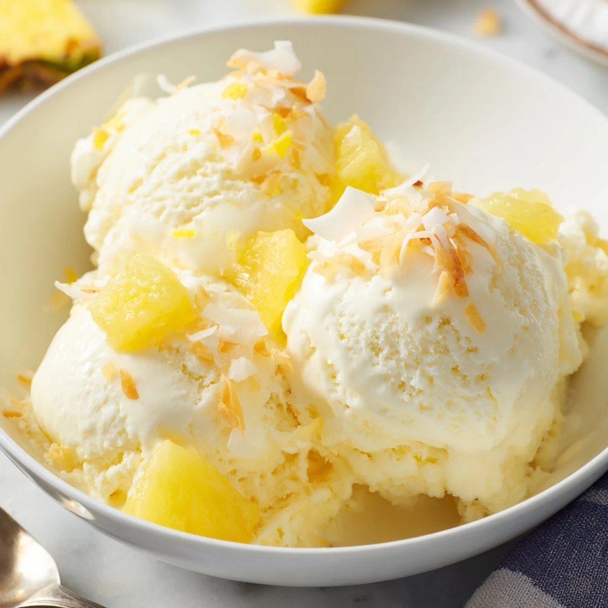 Homemade Creamy Pineapple Ice Cream churned until fluffy, ideal for summer servings