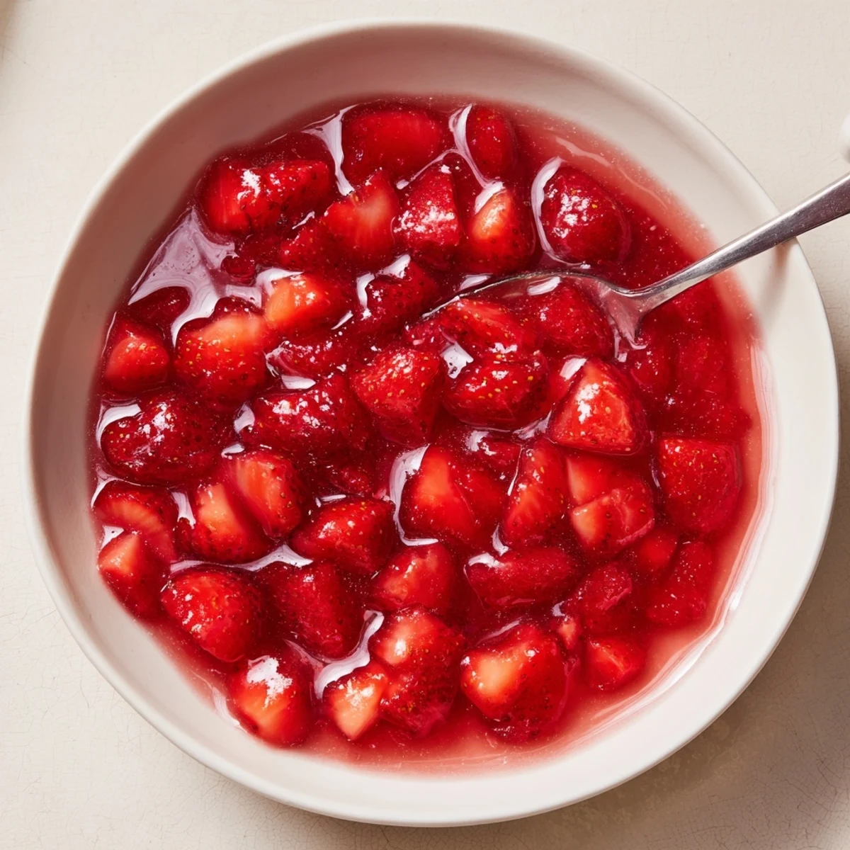 Warm spoonful of Strawberry Cake Filling Recipe on vanilla cupcake, bright strawberry notes