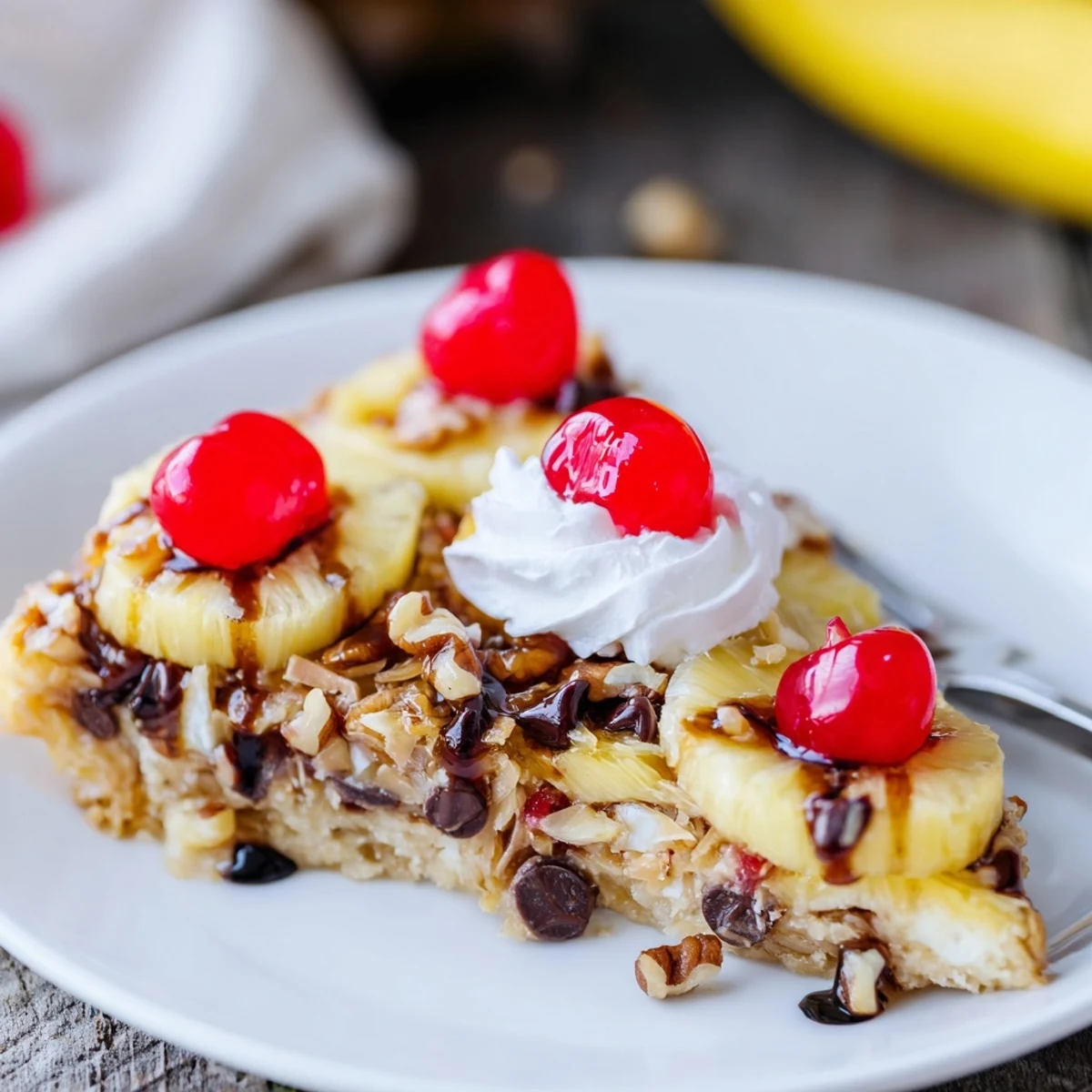 Warm Banana Split Dump Cake bubbling in dish, topped with cherries and whipped cream