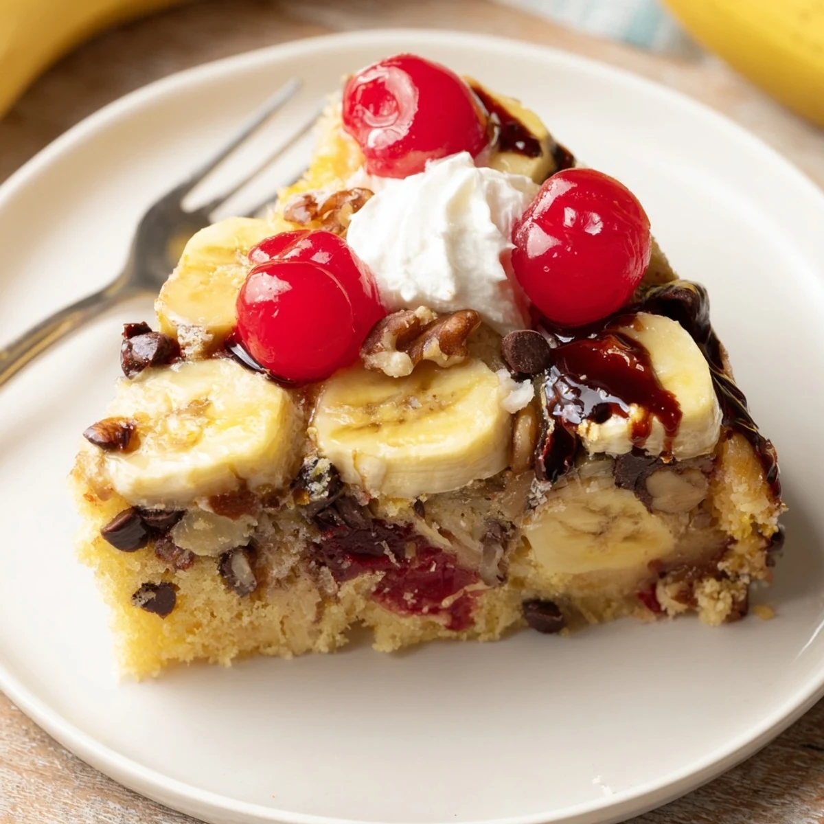 Baking pan of Banana Split Dump Cake cooling, pineapple-scented steam and golden top